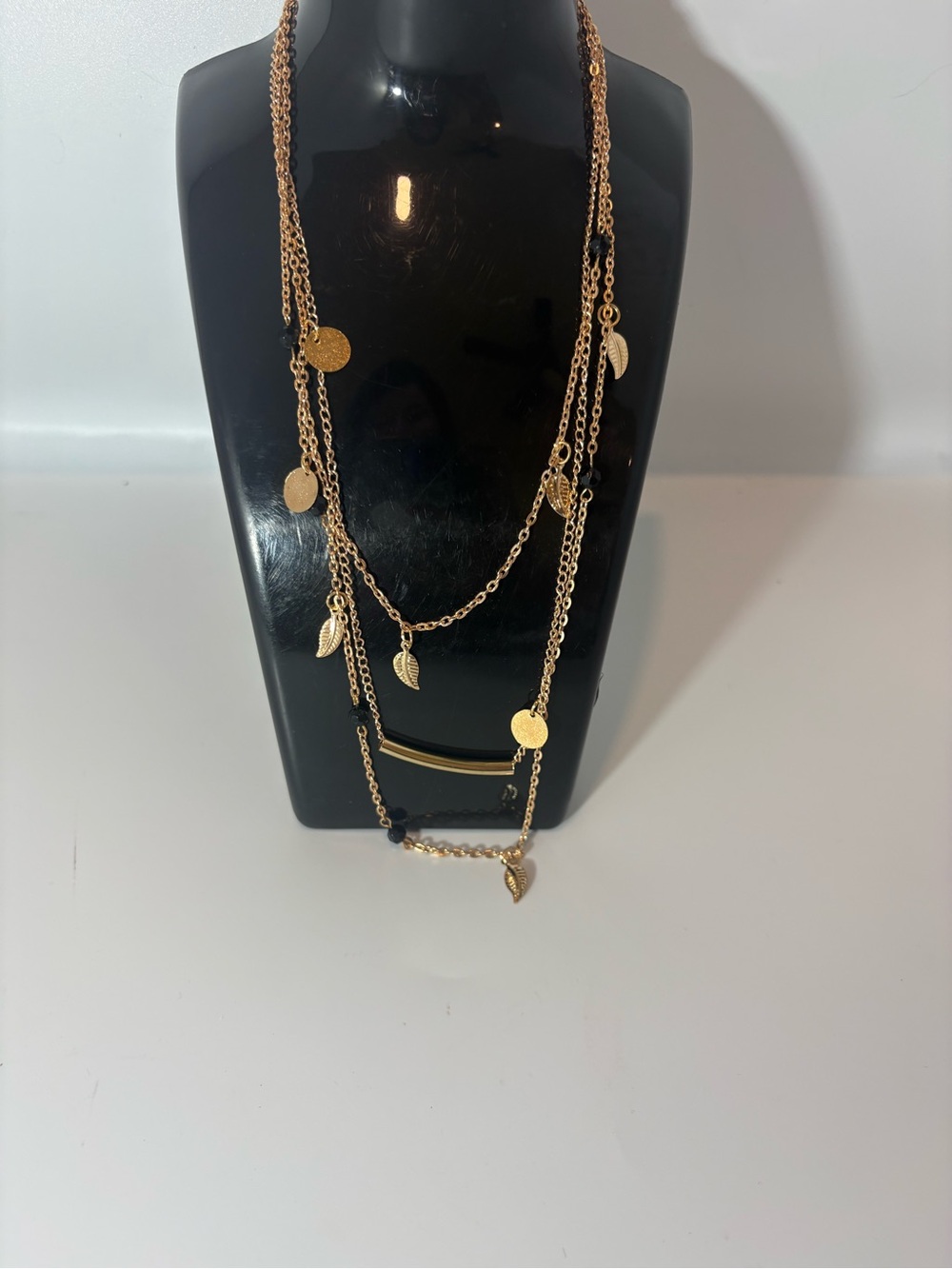 Gold Layered Leaf and Disc Necklace - Women Jewelry
